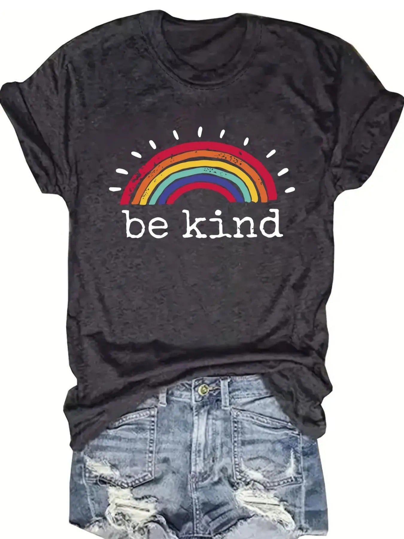 Women's Rainbow & Letter Print Round Neck Tee, Fashion Casual Crew Neck T-Shirt for Daily Holiday Vacation Outdoor Wear,...
