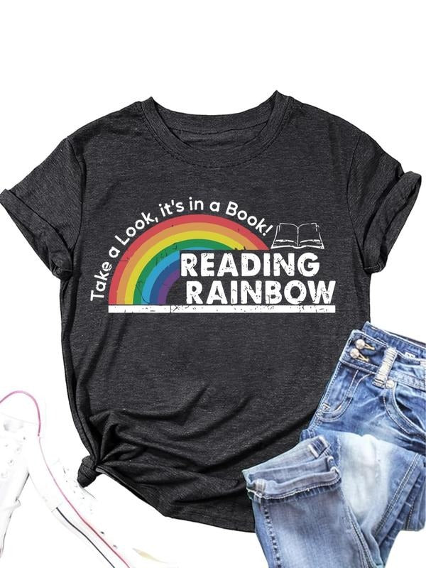 Women's Rainbow & Letter Print Round Neck Tee, Trendy Casual Short Sleeve T-shirt for Daily Wear, Ladies All Seasons...