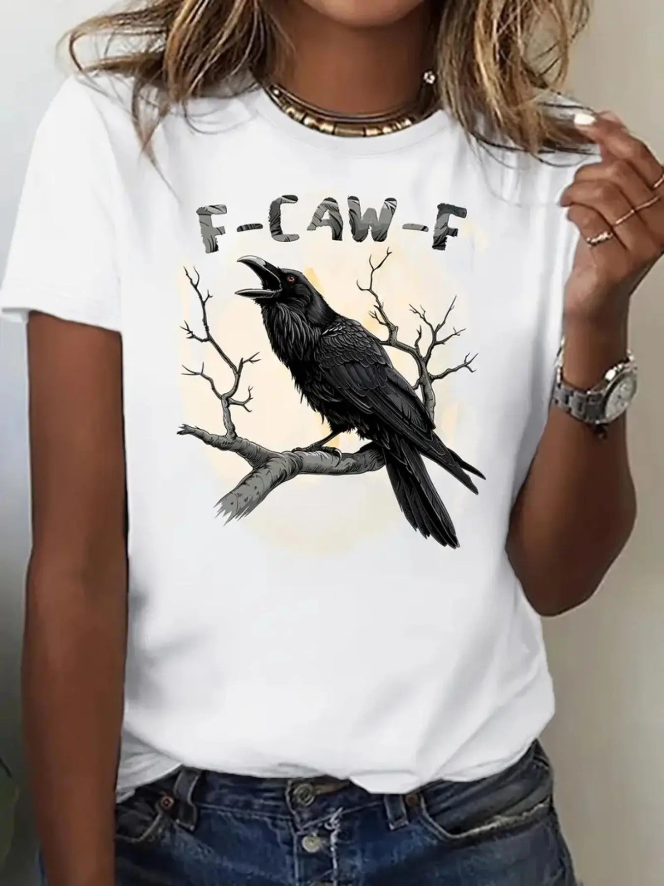 Women's Raven & Letter Print Round Neck Tee, Fashion Casual Crew Neck T-shirt for Daily Holiday Vacation Outdoor Wear,...