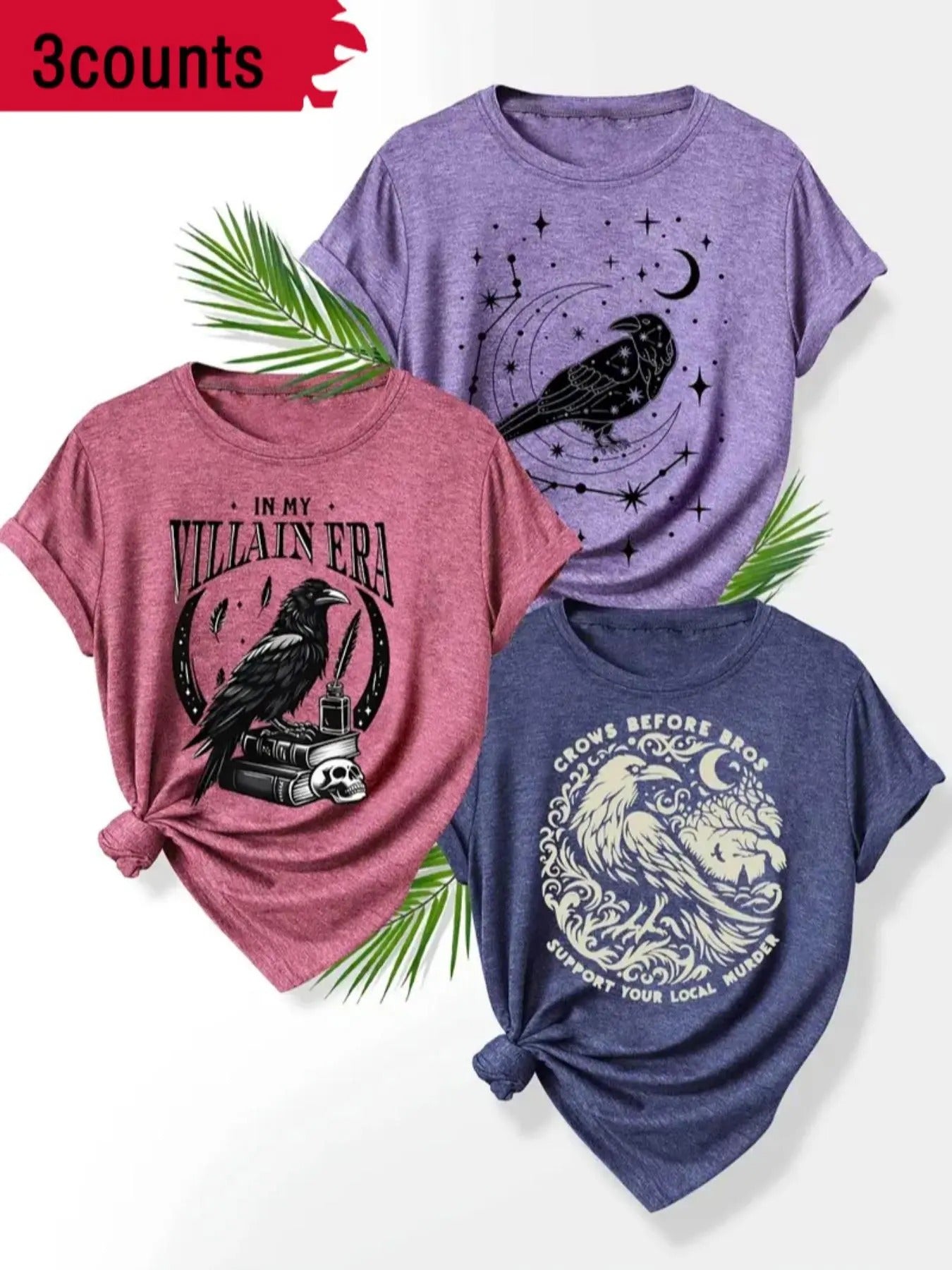 Women's Raven & Letter Print Round Neck Tee, Trendy Casual Short Sleeve T-shirt for Daily Wear, Ladies Summer Outfit,...