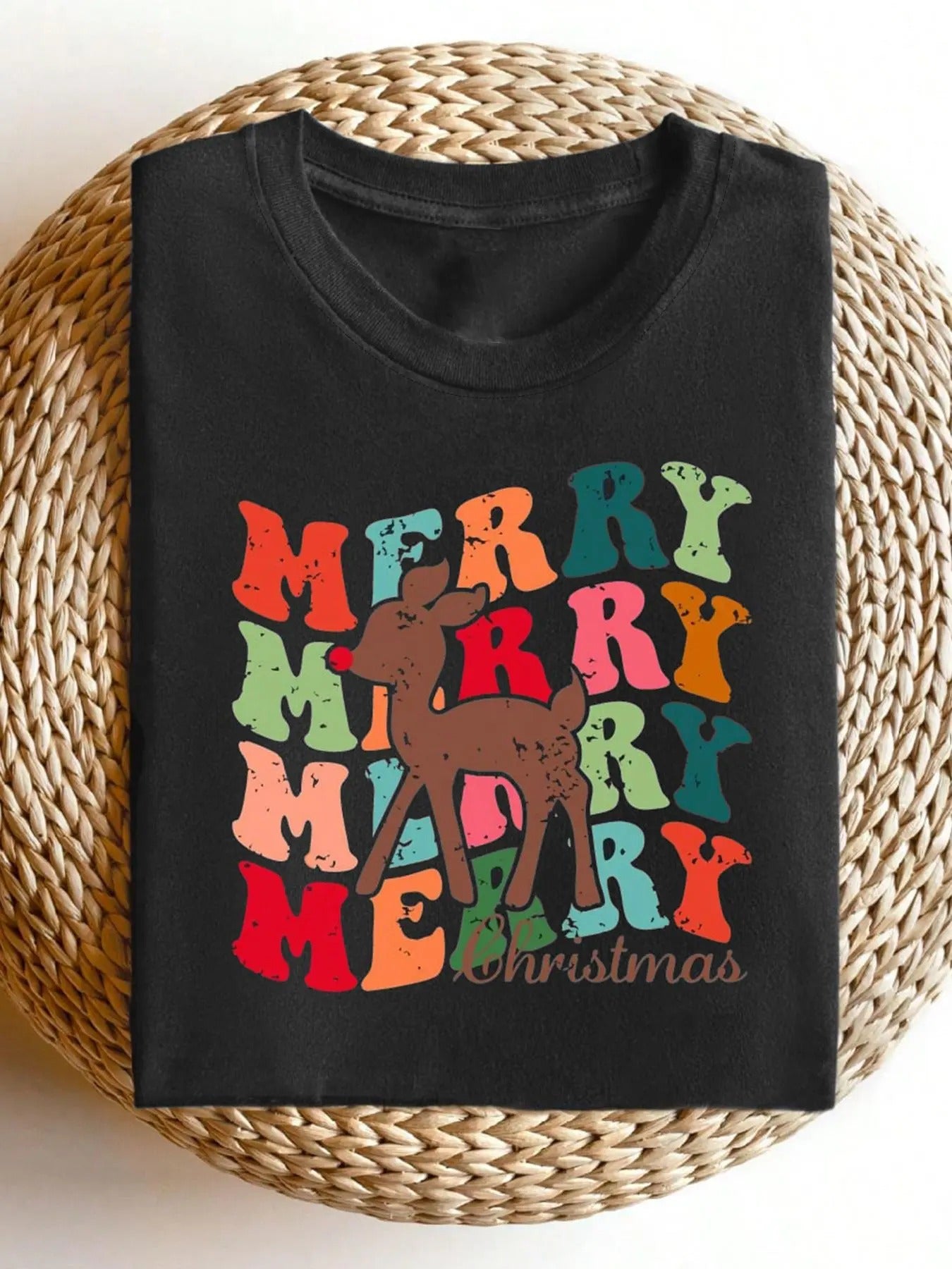 Women's Reindeer & Letter Print Round Neck Graphic Tee, Vintage Trendy Casual Short Sleeve T-shirt for Daily Wear, Ladies...