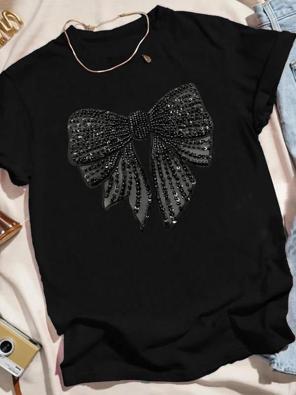 Women's Rhinestone Decor Bow Print Round Neck Tee, Fashion Casual Crew Neck T-shirt for Daily Holiday Vacation Outdoor...