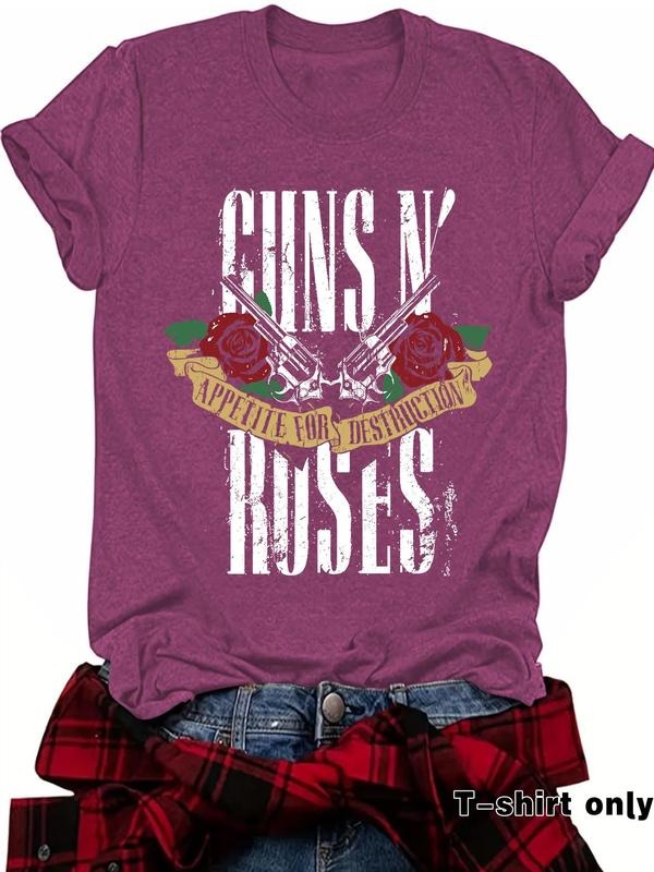 Women's Rose & Guitar Print Round Neck Tee, Vintage Trendy Casual Short Sleeve T-shirt for Daily Wear, Ladies Summer, Top