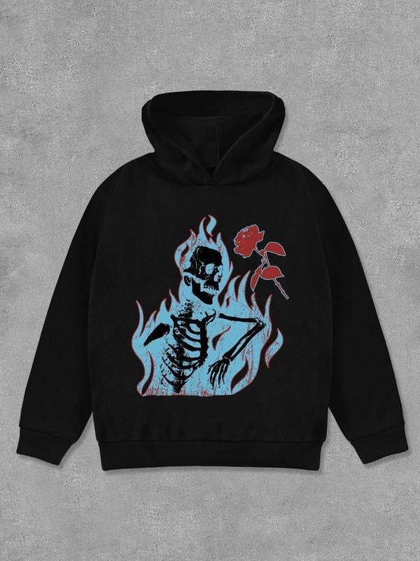 Women's Rose & Skeleton Print Hoodie, Fashion Casual Long Sleeve Hooded Sweatshirt for Daily Holiday Outdoor Wear, Women...