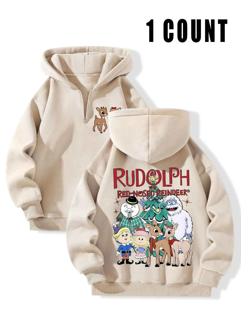 Women's Rudolph & Letter Print Zip Up Hoodie, Casual Long Sleeve Hooded Sweatshirt for Fall & Winter, Women's Clothes for...