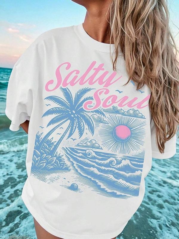 Women's Salty Soul Graphic Round Neck Tee, Vintage Trendy Casual Short Sleeve T-shirt for Daily Wear, Ladies Summer...