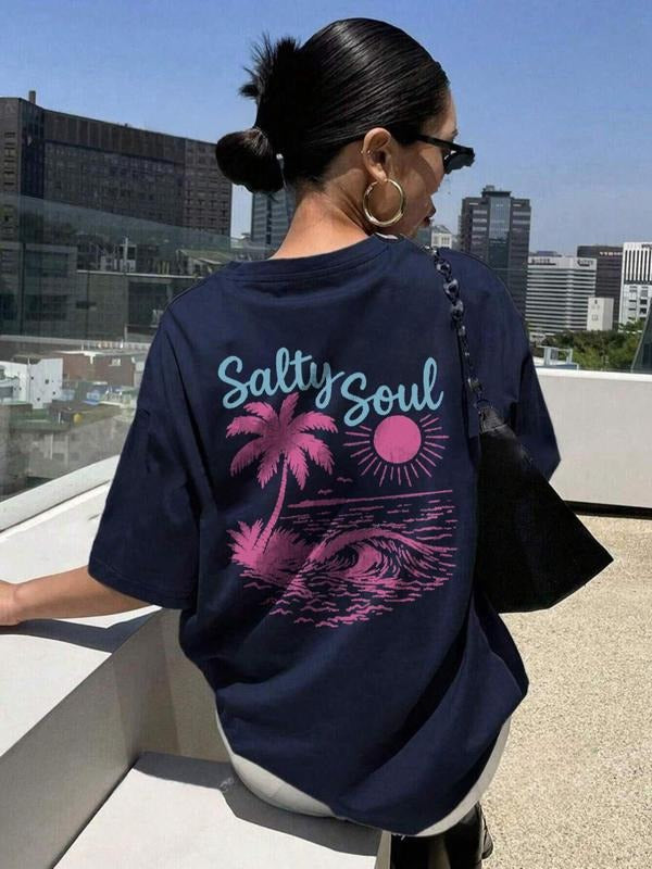 Women's Salty Soul Surfing & Sun Print Round Neck Tee, Casual Short Sleeve T-shirt for Summer, Ladies Clothes for Daily...