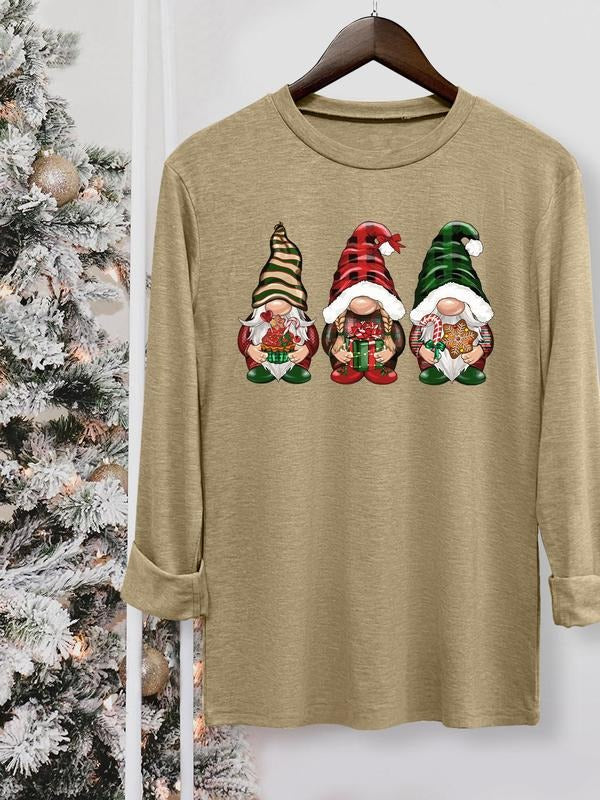 Women's Santa Claus Print Round Neck Tee, Casual Long Sleeve Crew Neck T-shirt for Fall & Winter, Women's Top for Daily...