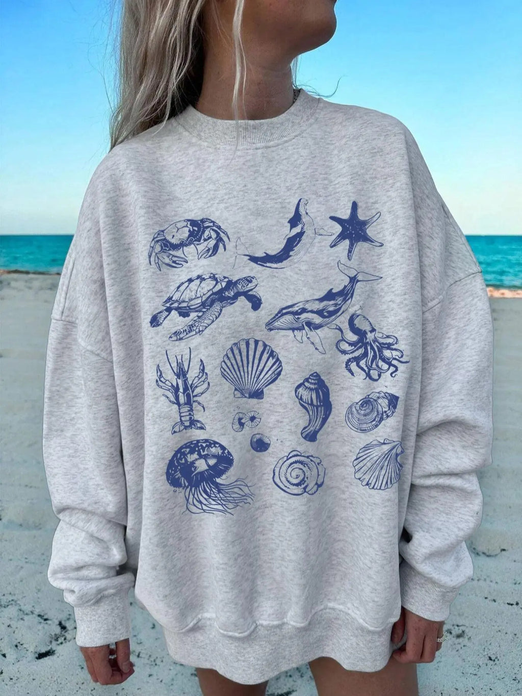 Women's Sea Life Print Drop Shoulder Sweatshirt, Casual Long Sleeve Round Neck Pullover for Fall & Winter, Ladies Clothes...