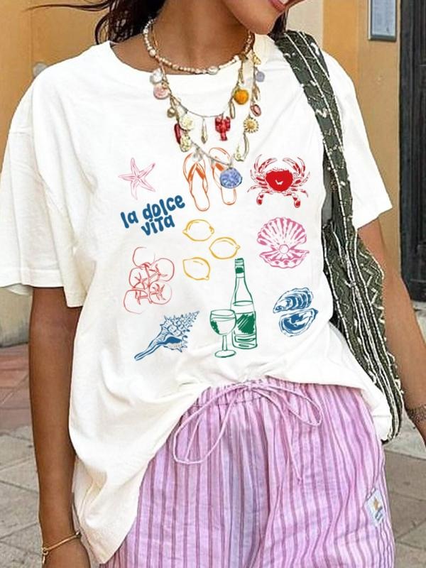 Women's Sea Life Print Round Neck Tee, Casual Short Sleeve Crew Neck T-Shirt for Summer, Fashion Women's Top for Daily...