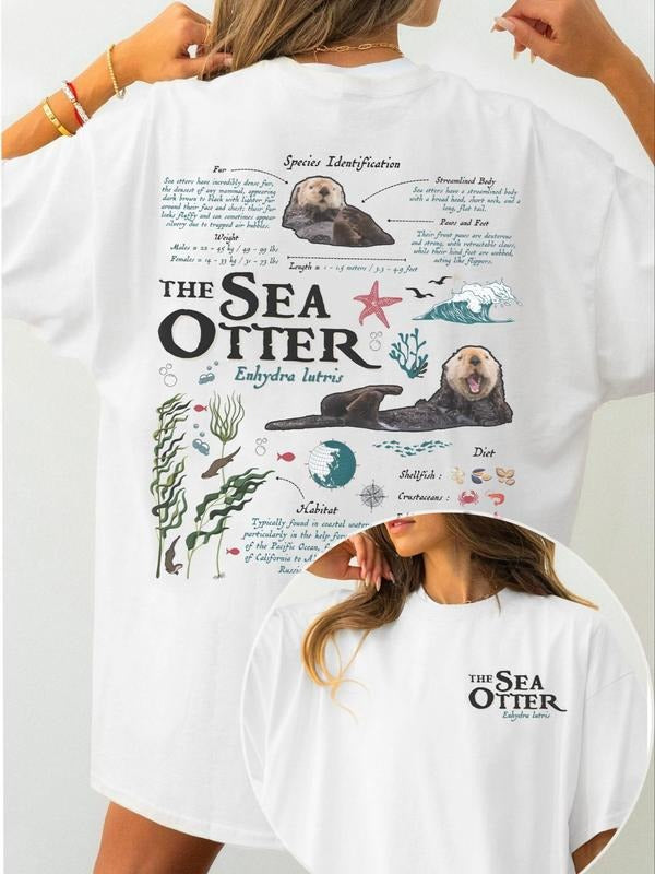 Women's Sea Otter Graphic Print Round Neck Tee, Casual Fashion Short Sleeve T-shirt, Ladies Summer Clothes for Daily...