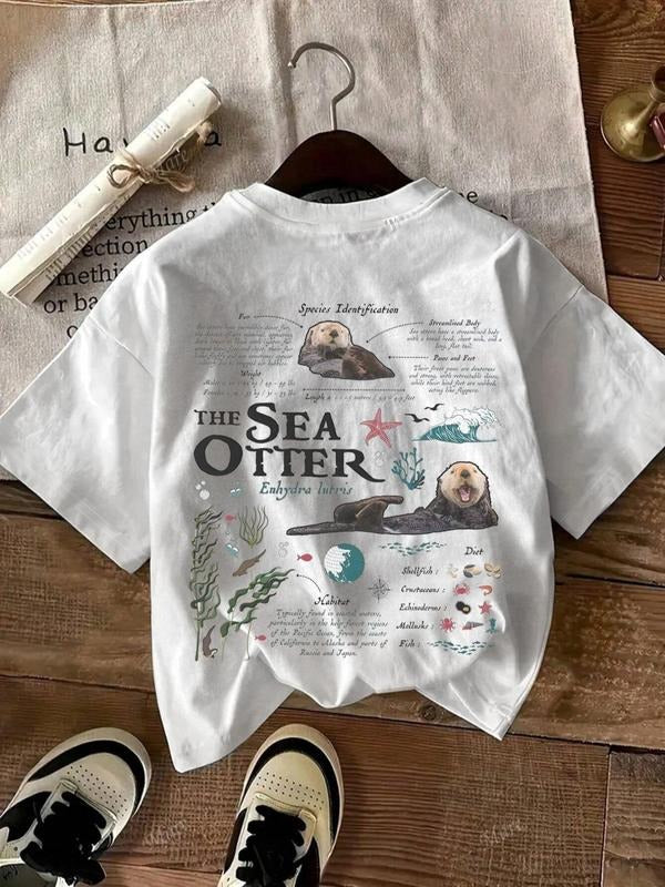 Women's Sea Otter Graphic Print Round Neck Tee, Casual Short Sleeve T-shirt, Ladies Summer Clothes for Daily Wear, Tops...
