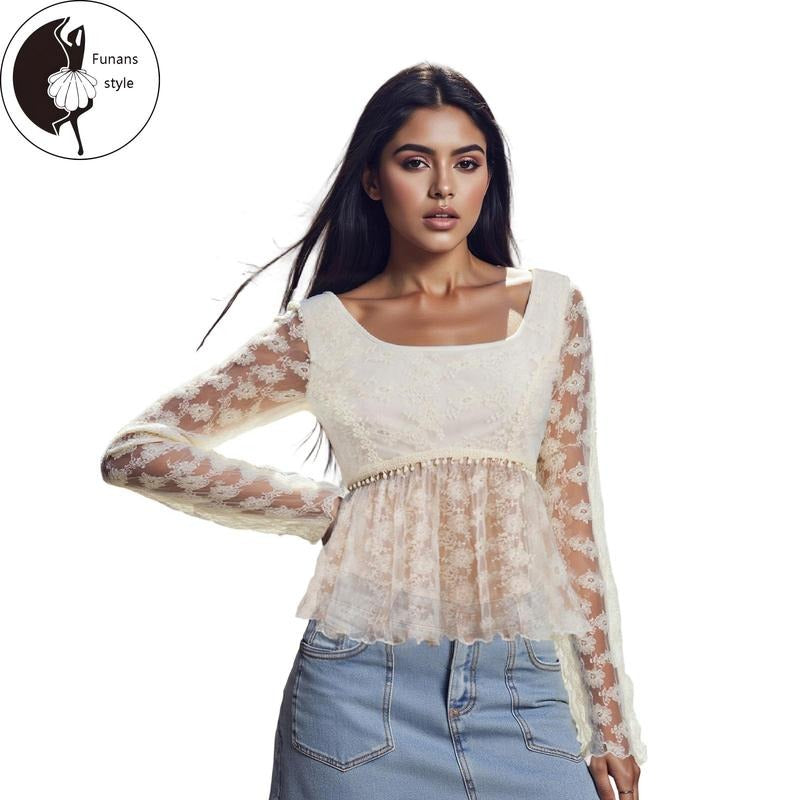 Women's Semi Sheer Lace Tops Long Flared Sleeve Trendy U Neck Flared Hem T-shirts Hoodie Sweatshirt | PrintMintTees.com