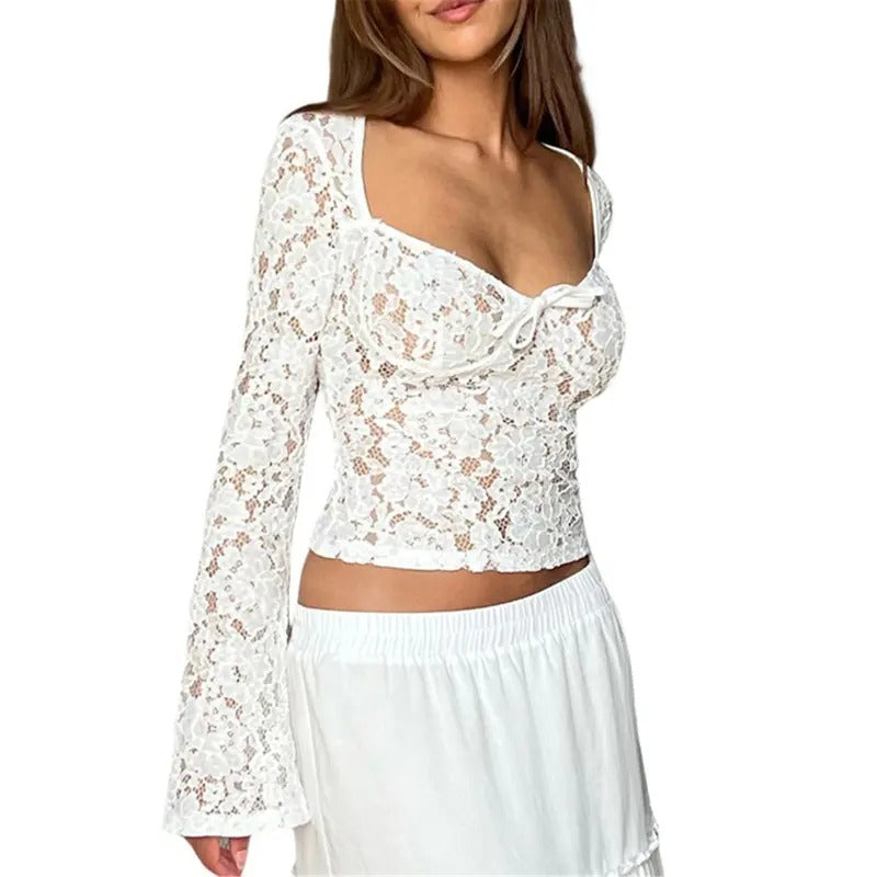 Women's Sheer Floral Lace Tops Long Sleeve Low Cut Sweetheart Neck Bowknot Trim Cropped Blouse Sexy See Through Layering...