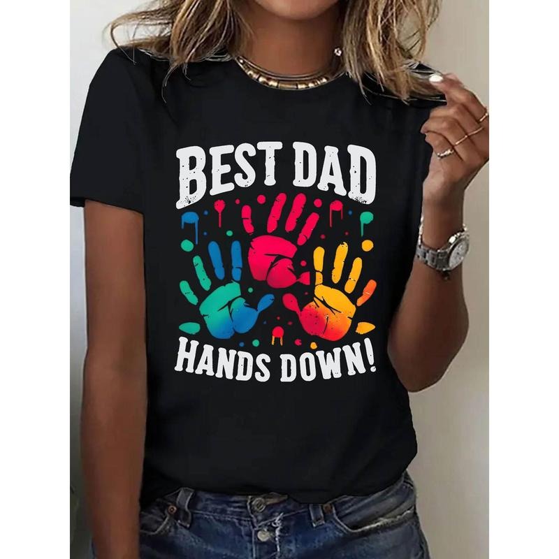 Women's Short Sleeve T-Shirt - Black Polyester Top with Colorful Handprint & 'BEST DAD HANDS!' Graphic Print