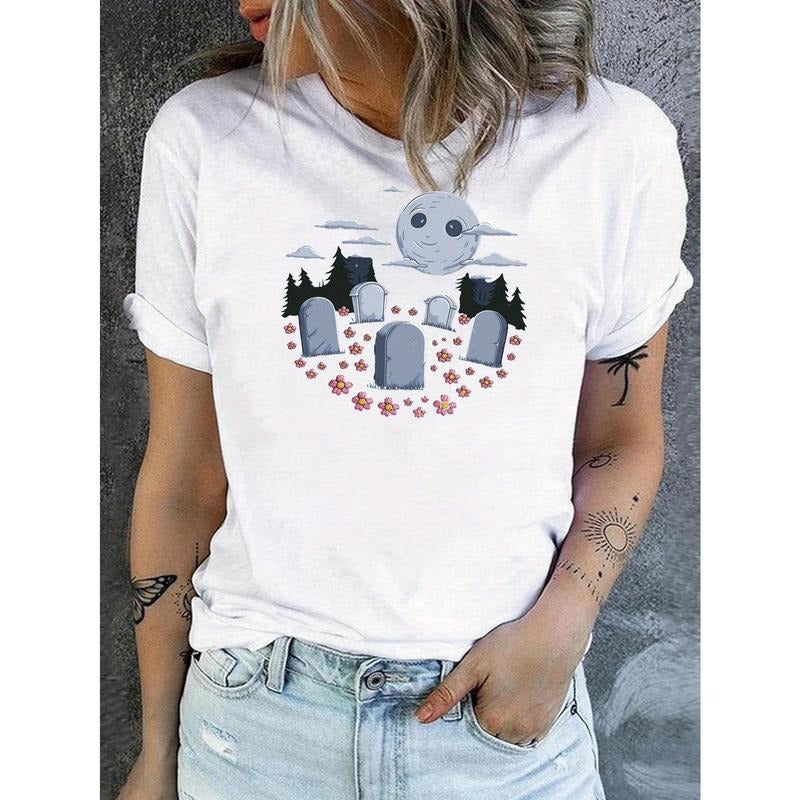 Women's Short Sleeve T-Shirt - Nighttime Cemetery Scene with Tombstones, Full Moon & Floral Accents, Casual Round Neck...