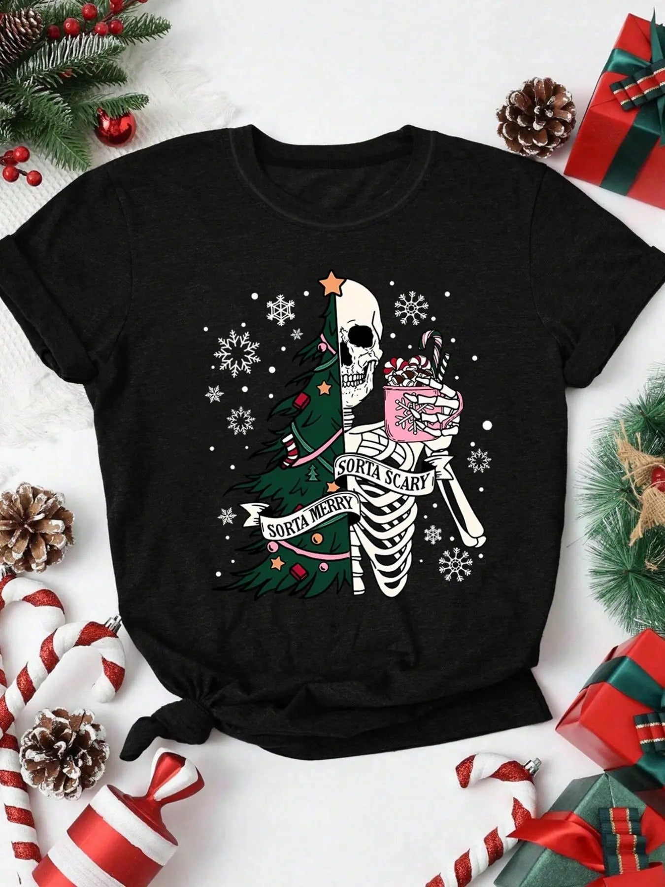 Women's Skeleton & Christmas Tree Print Round Neck Graphic Tee, Vintage Trendy Casual Short Sleeve T-shirt for Daily...