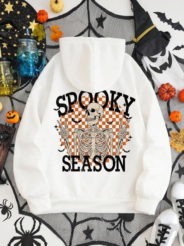Skeleton & Letter Print Drop Shoulder Casual Drawstring Pocket Hooded Daily Outdoor Fall & Winter T-Shirts, Hoodie, Sweatshirt