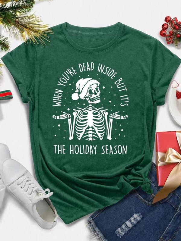 Women's Skeleton & Letter Print Round Neck Graphic Tee, Vintage Trendy Casual Short Sleeve T-shirt for Daily Wear, Ladies...