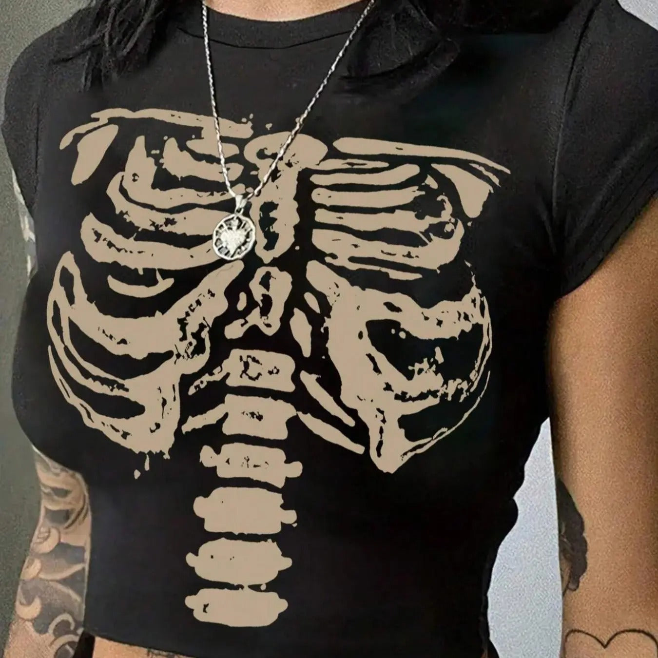 Skeleton Print Round Neck Crop Casual Short Sleeve Crew Neck Summer Top Daily T-Shirts, Hoodie, Sweatshirt