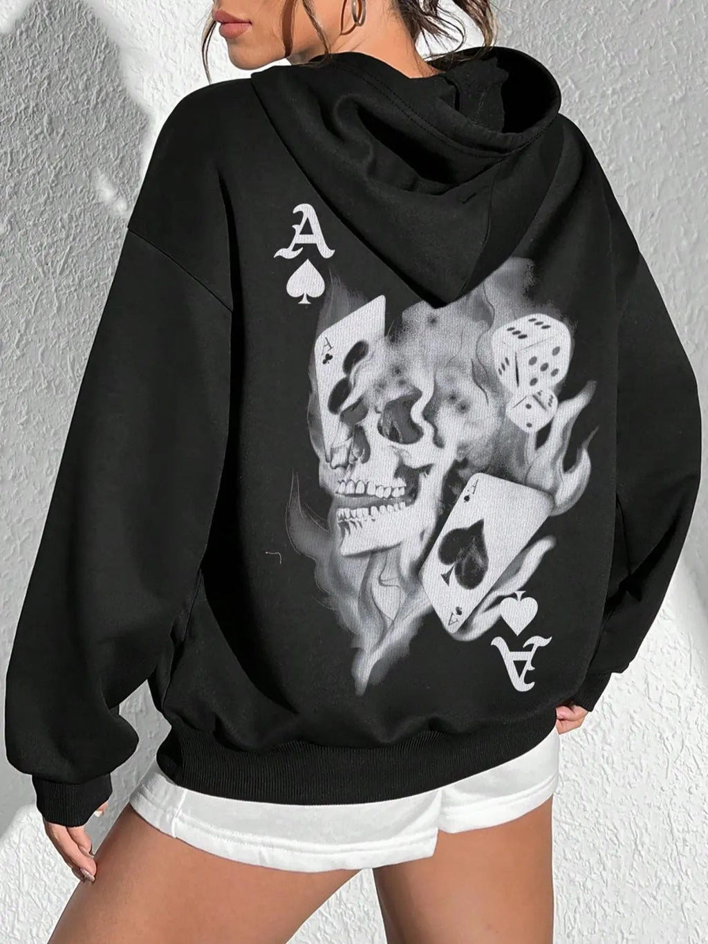 Skull & Dice Print Drop Shoulder Casual Drawstring Hooded Daily Outdoor Clothes Fall & Winter T-Shirts, Hoodie, Sweatshirt