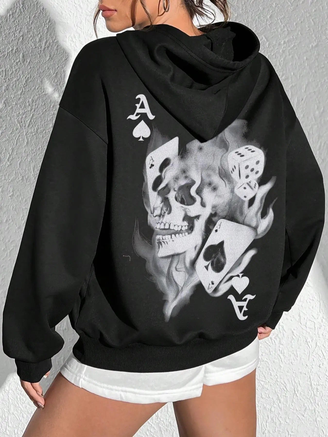 Skull & Dice Print Drop Shoulder Casual Drawstring Hooded Daily Outdoor Clothes Fall & Winter T-Shirts, Hoodie, Sweatshirt