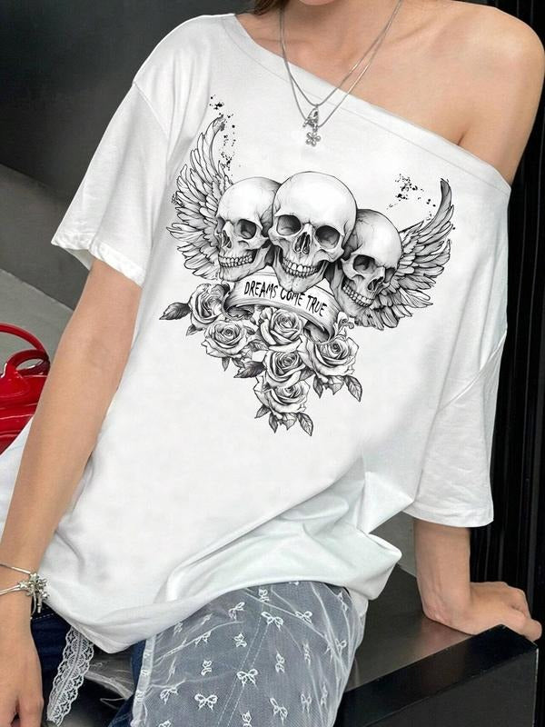 Skull & Floral Print Asymmetrical Neck Y2K Casual Daily Clothes All Seasons T-Shirts, Hoodie, Sweatshirt