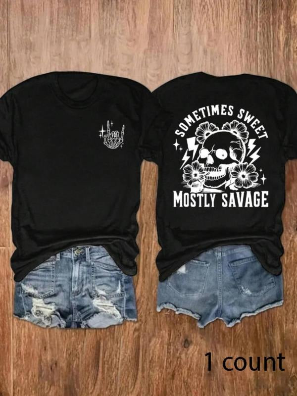 Women's Skull & Floral Print Round Neck Tee, Fashion Casual Crew Neck T-Shirt for Daily Holiday Vacation Outdoor Wear,...