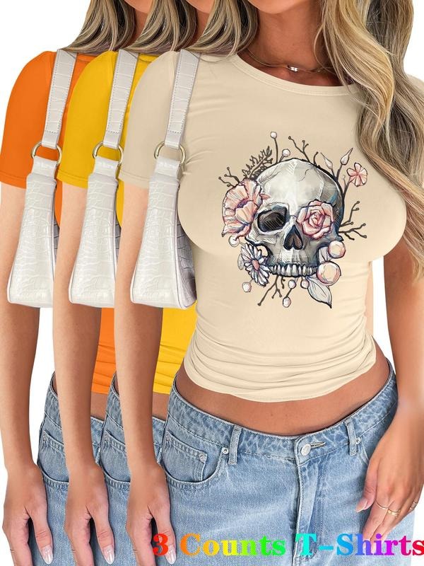 Women's Skull & Floral Print Short Sleeve Tee, Casual Round Neck T-shirt for Summer, Women's Top for Daily Wear Hoodie...