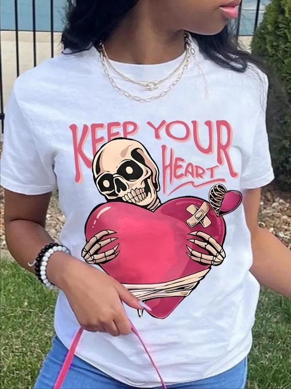 Skull & Heart & Letter Print Round Neck Casual Short Sleeve Daily Vacation Outdoor Clothes All Seasons T-Shirts, Hoodie, Sweatshirt