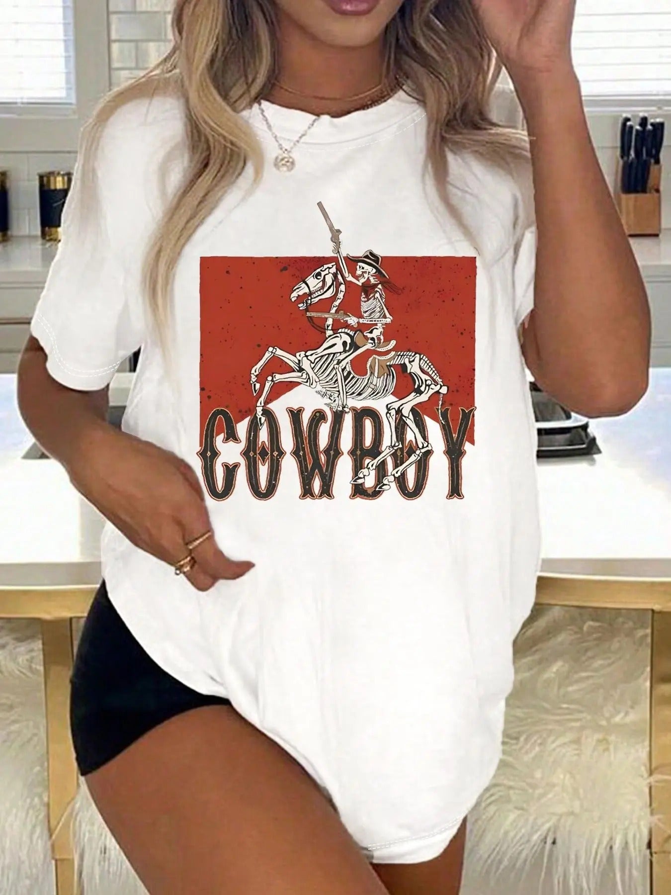 Skull & Letter Print Round Neck Casual Crew Neck Daily Vacation Outdoor Clothes All Seasons T-Shirts, Hoodie, Sweatshirt