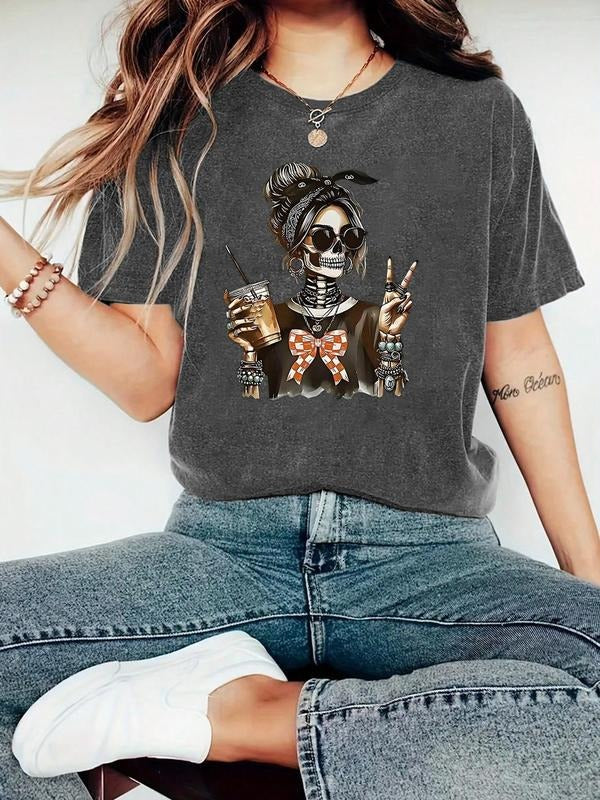 Women's Skull & Letter Print Round Neck Tee, Fashion Casual Crew Neck T-Shirt for Daily Holiday Vacation Outdoor Wear,...