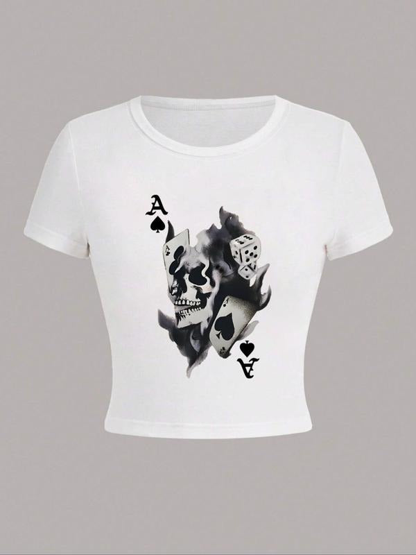 Skull Print Round Neck Crop Casual Tight Fitting Short Sleeve Daily Summer Clothes Shirt Hoodie Sweatshirt