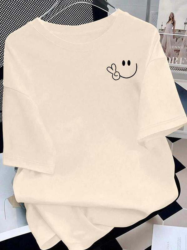 Women's Smile Face Print Round Neck Tee, Fashion Casual Crew Neck T-Shirt for Daily Holiday Vacation Outdoor Wear, Ladies...