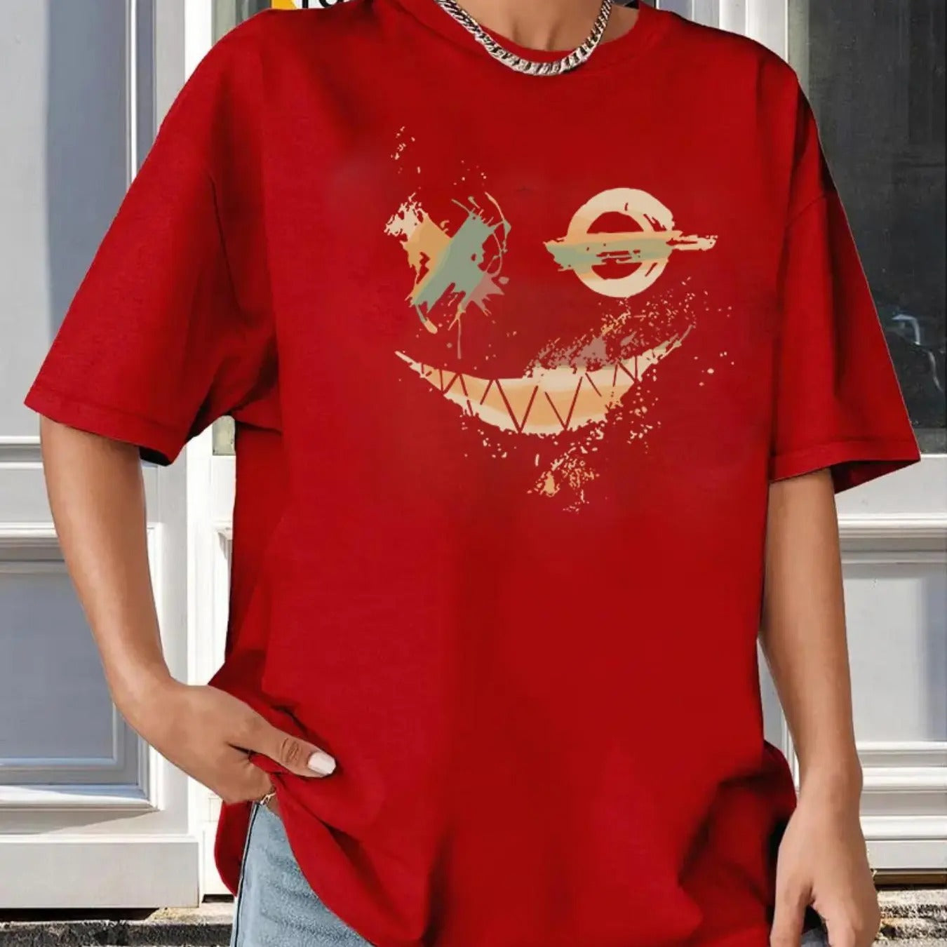 Women's Smile Face Print Round Neck Tee, Fashion Casual Drop Shoulder Short Sleeve T-shirt, Ladies Summer Clothes for...