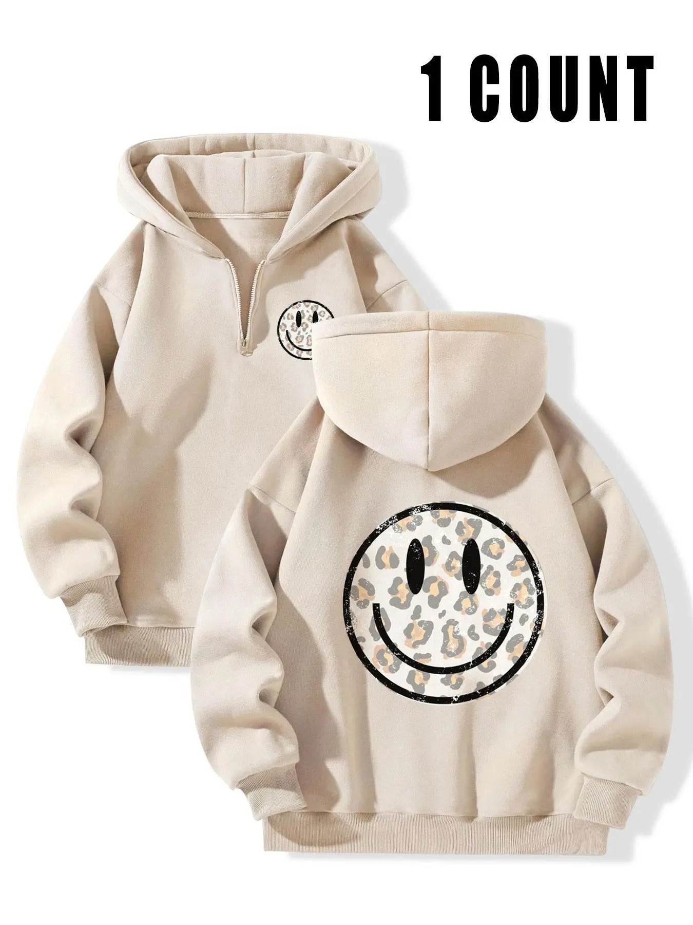 Women's Smile Face Print Zip Up Hoodie, Casual Long Sleeve Hooded Sweatshirt for Winter, Women's Clothes for Daily Wear Shirt