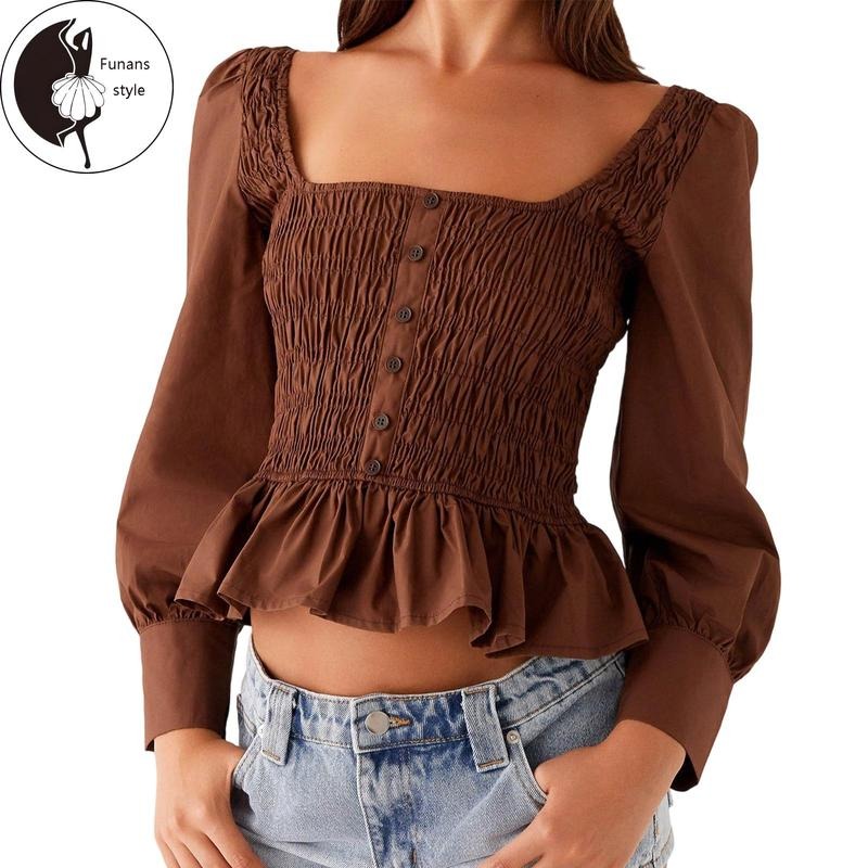 Women's Smocked Peplum Tops Fashionable Square Neck Long SleeveFit Plaid Shirts Hoodie Sweatshirt | PrintMintTees.com