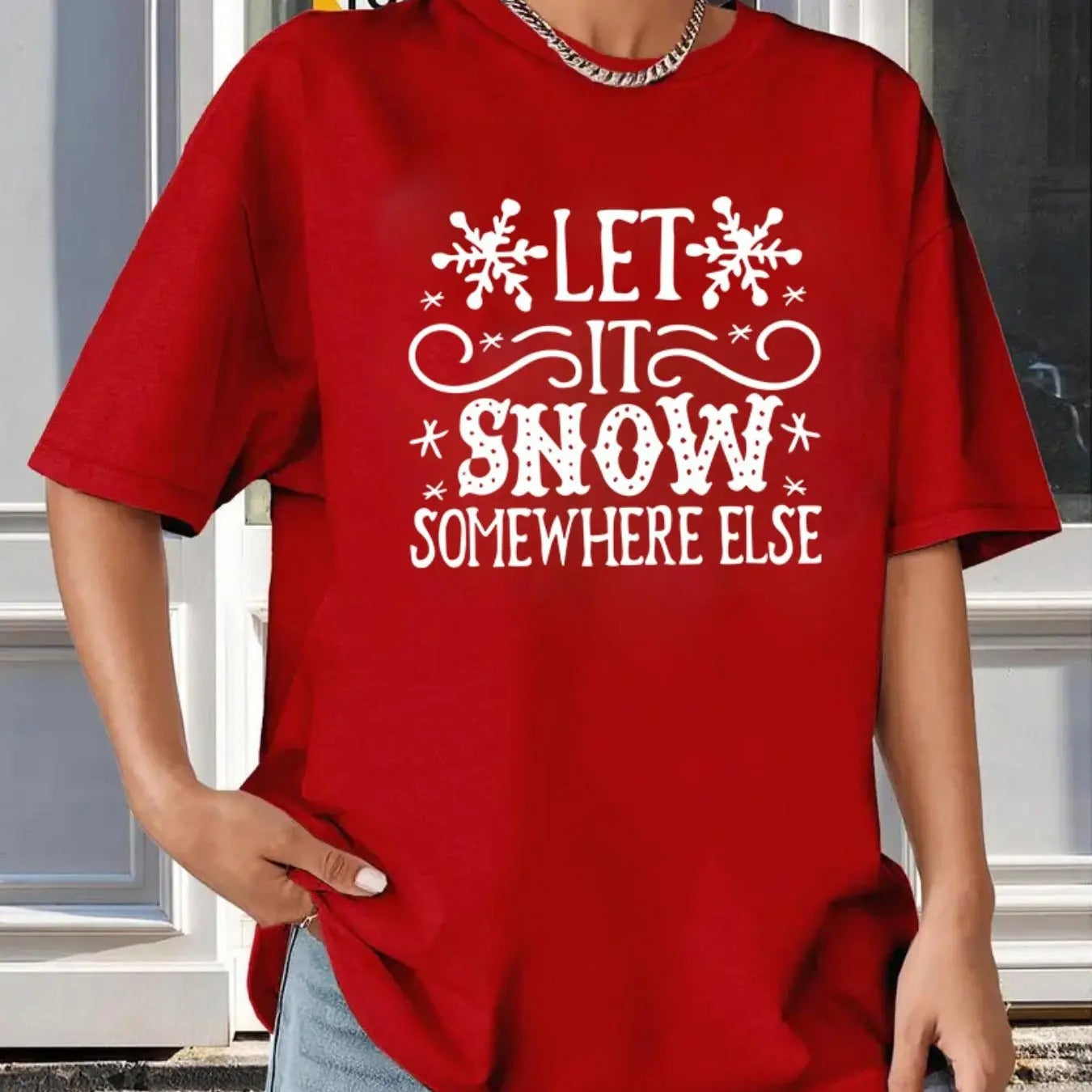 Women's Snowflake & Letter Print Drop Shoulder Tee, Casual Short Sleeve Round Neck T-shirt for All Seasons, Women's Top...