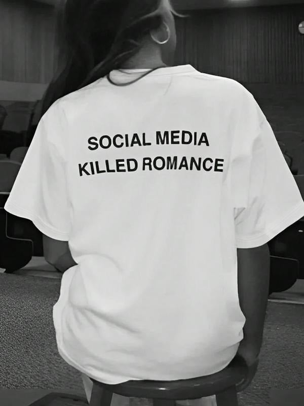 Women's Social Media Killed Romance Letter Print Round Neck Tee, Fashion Casual Crew Neck T-Shirt for Daily Holiday...