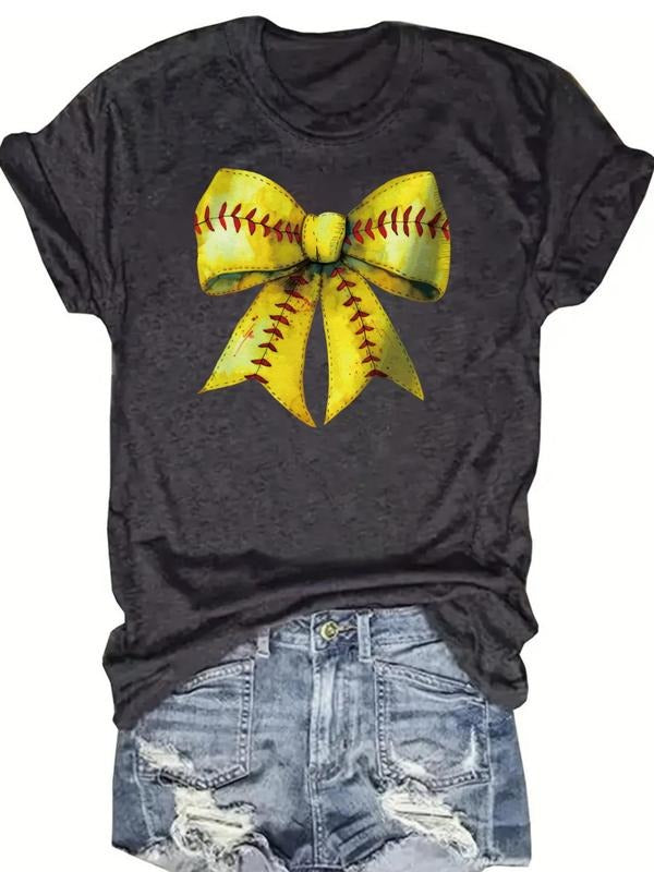 Women's Softball & Bow Print Round Neck Tee, Casual Short Sleeve Crew Neck T-shirt for Daily Wear, Ladies Clothes for All...