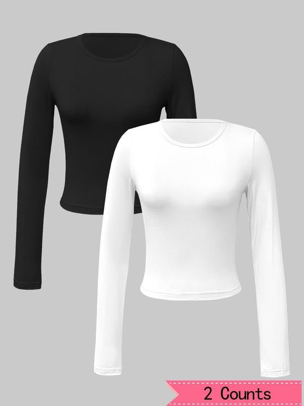 Women's Solid Color Long Sleeve Round Neck Tee, Casual Basic Crew Neck T-shirt for Spring & Fall, Women's Top for Daily...