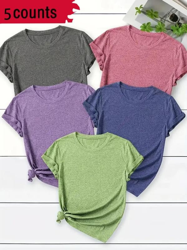 Women's Solid Color Tee, Casual Short Sleeve Round Neck T-Shirt for Summer, Ladies Clothes for Daily Wear, Top Hoodie...
