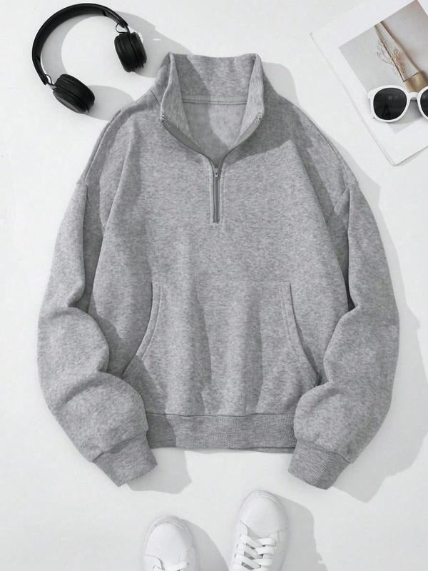 Women's Solid Color Zip Up Drop Shoulder Thermal Lined Pullover, Casual Long Sleeve Pocket Hooded Sweatshirt for Fall &...