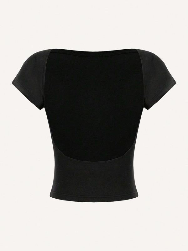 Women's Solid Round Neck Backless Crop Tee, Casual Short Sleeve T-shirt for Summer, Ladies Clothes for Daily Wear Hoodie...