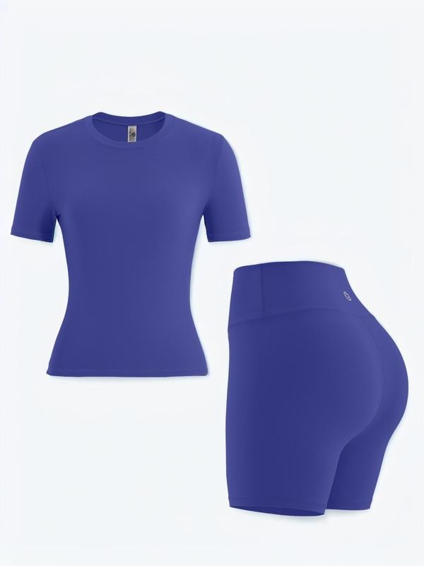 Women's Solid Round Neck Tee & High Waist Shorts Tracksuit Set, Sporty Casual Short Sleeve T-shirt & Skinny Shorts Set...