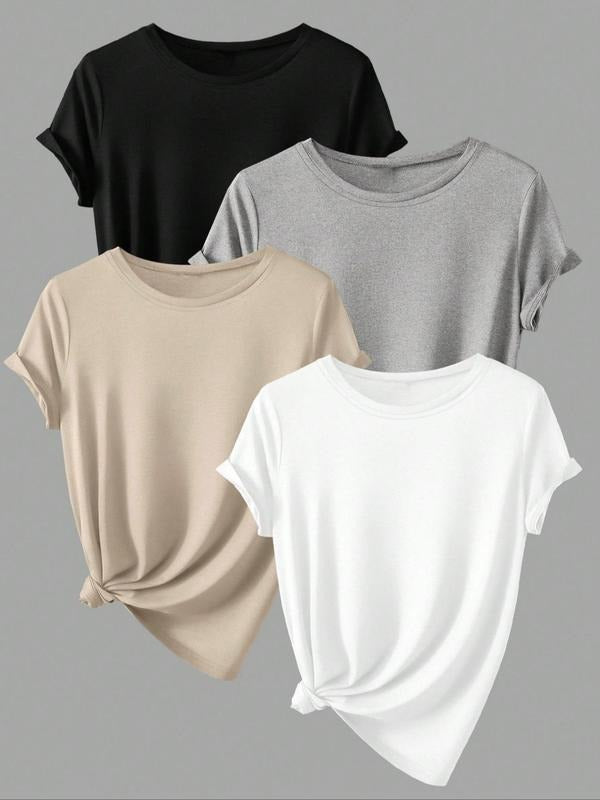 Women's Solid Round Neck Tee, Casual Short Sleeve Crew Neck T-shirt for Summer, Ladies Clothes for Daily Wear Hoodie...