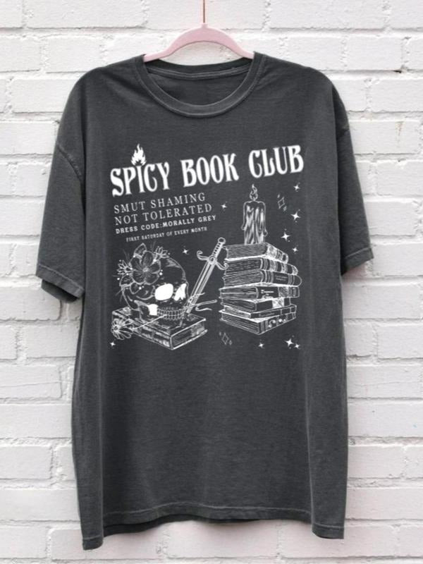 Women's Spicy Book Club Print Round Neck Tee, Fashion Casual Short Sleeve T-shirt, Ladies Summer Clothes for Daily Wear,...