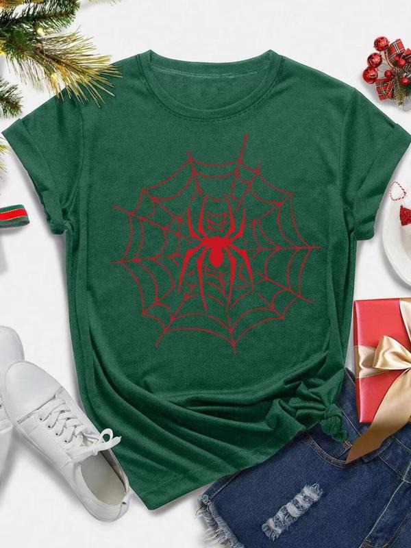 Women's Spider Web & Spider Print Round Neck Tee, Casual Short Sleeve Crew Neck T-shirt for Daily Wear, Ladies Clothes...