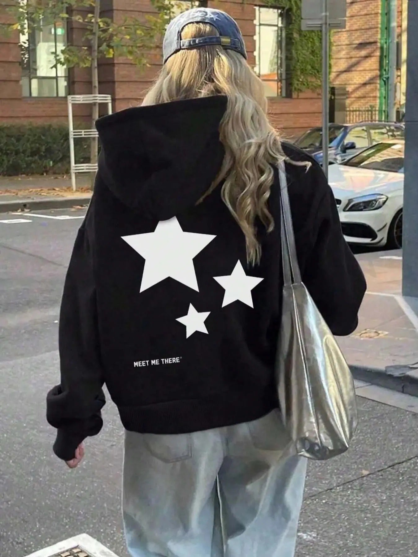 Star & Letter Print Drop Shoulder Casual Drawstring Kangaroo Pocket Hooded Daily Outdoor Winter T-Shirts, Hoodie, Sweatshirt