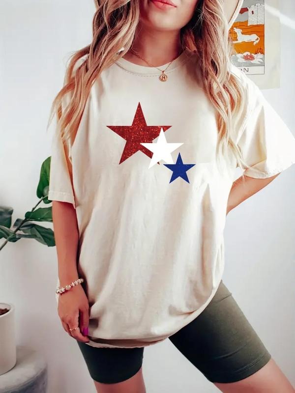 Women's Star & Letter Print Round Neck Tee, Casual Short Sleeve Crew Neck T-shirt for Daily Wear, Ladies Clothes for All...